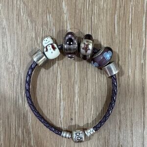 Pandora Purple Braided Leather Bracelet with Brown and Cream Glass Charms